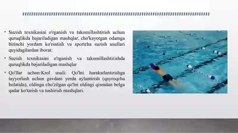 SUZISH TEXNIKASINI O'RGANISH VA TAKOMILLASHTIRISHDA QURUQLIKDA BAJARILADIGAN MASHQLAR. CHO'KAYOTGAN ODAMGA BIRINCHI YORDAM KO'RSATISH. SPORTCHA SUZISH USULLARI HAQIDA MA'LUMOT 3
