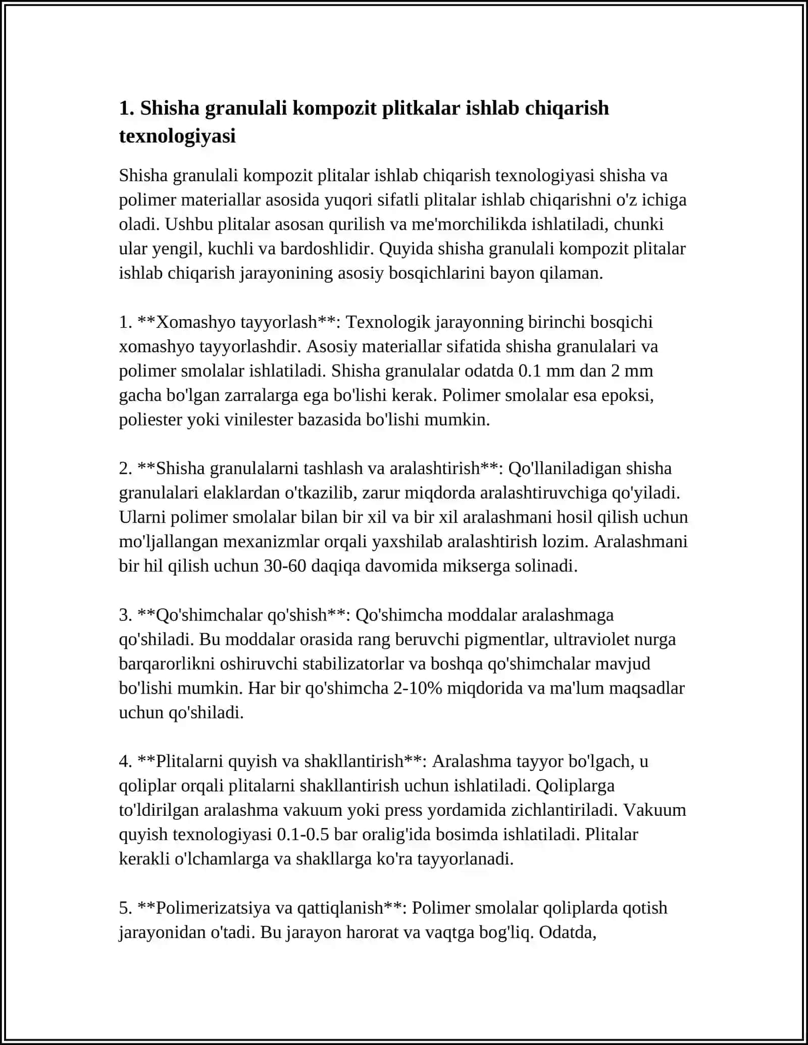 QUVVATI SUTKADA 90 TONNA SHISHA GRANULALI KOMPOZIT PLITKALAR ISHLAB CHIQARISH 3