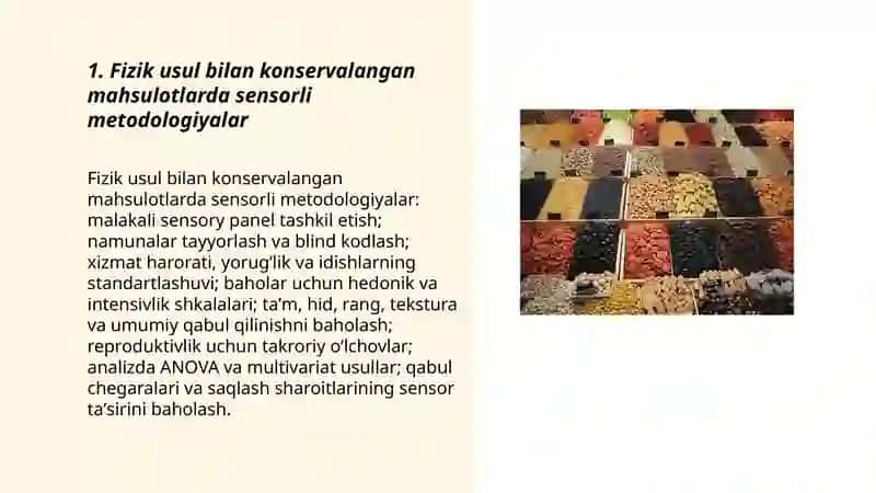 Fizik usulda konservalangan qishloq xoʻjaligi mahsulotlariga sensorli baho berish 3