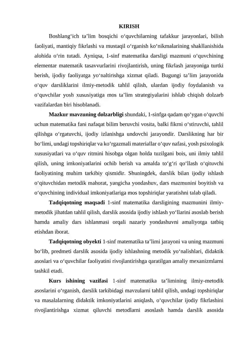 1- Sinf matematika darsligida ijodiy ishlash, darslik taxhlini amalga oshirish 3
