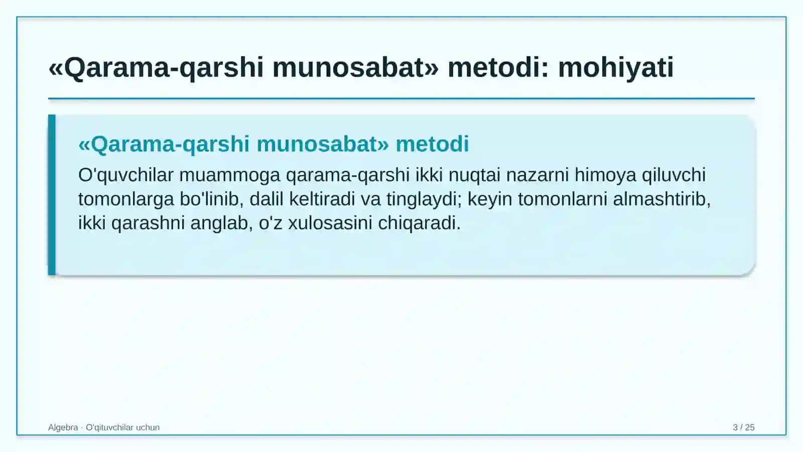 algebra darslarida qarama qarshi munosabat metodidan foydalanish 3310 3