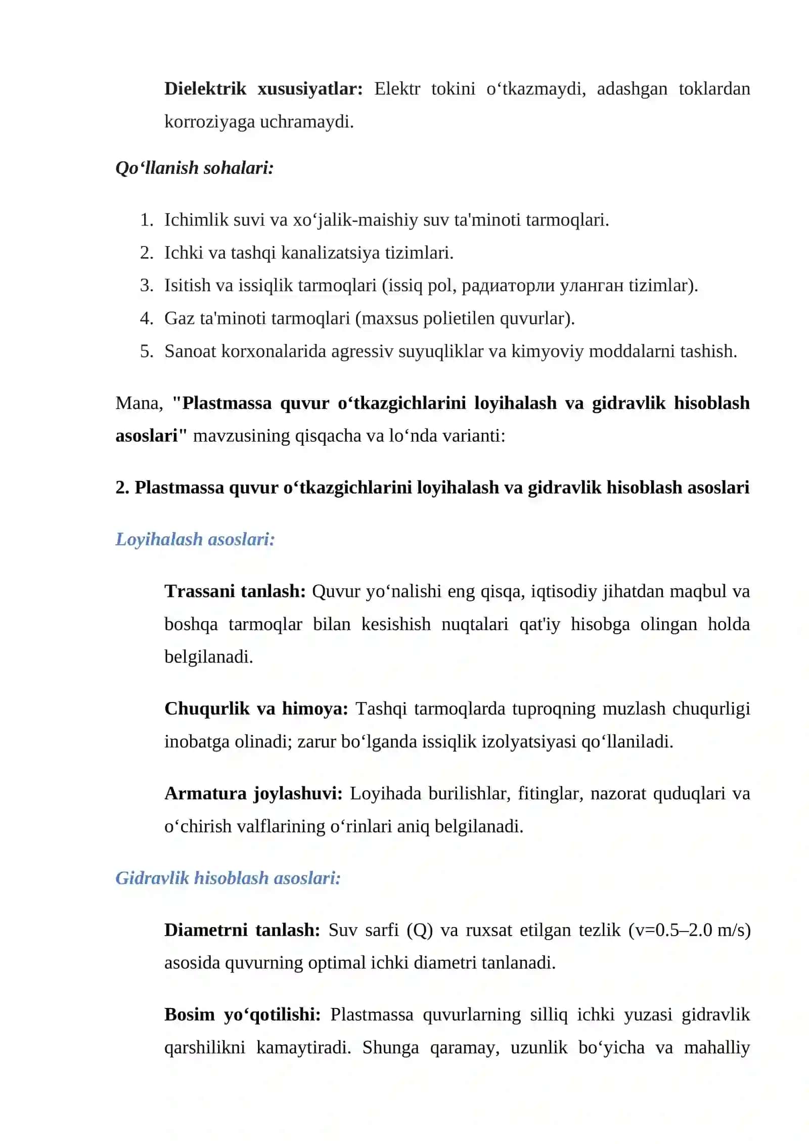 plastmassa trubali o‘tkazgichlarni ishlab chiqish va montaj qilish 3