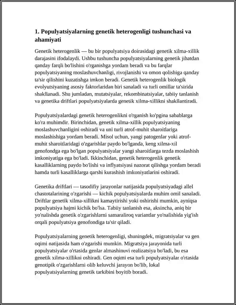 POPULYASIYALARNING GENETIK GETEROGENLIGI. POPULYASILAR GENETIK TARKIBI DINAMIKASINING OMILLARI 3