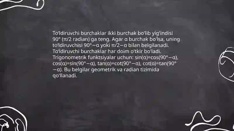Toʻldiruvchi burchakning trigonometrik funksiyalari uchun formulasi 3