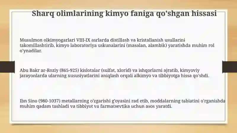 Sharq olimlari va mutafakirlarining kimyo tarixida tutgan oʻrni 3