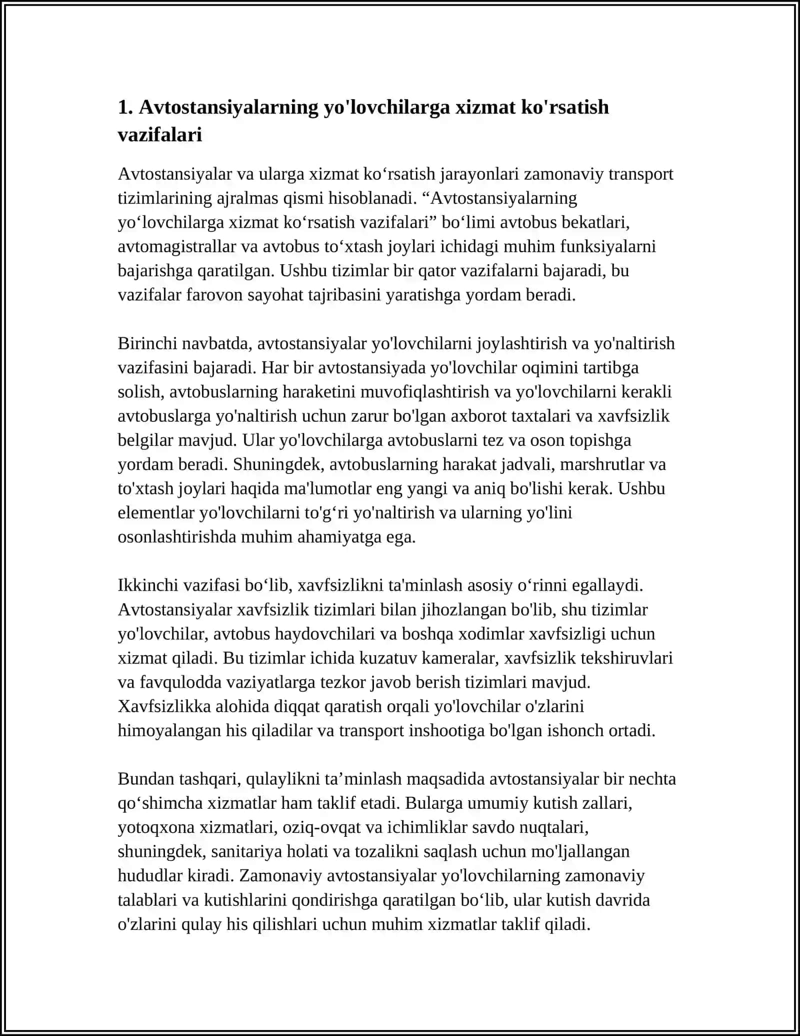 AVTOSTANSIYA, AVTOMAGSTAL, AVTOBUS TOXTASH JOYLARINING VAZIFALARI 3