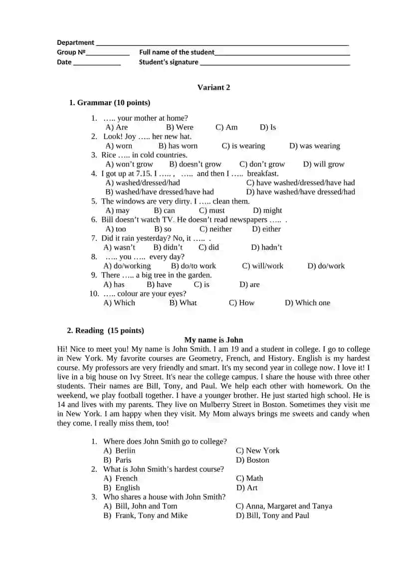 Variant 1 Grammar Questions 3