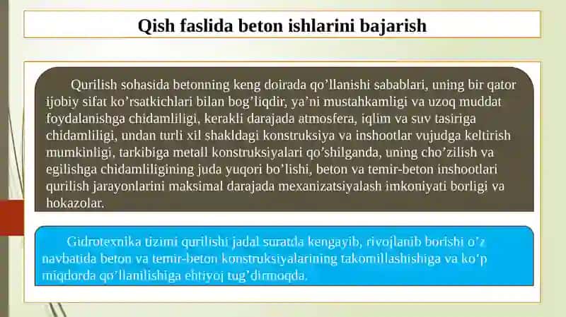 Qish faslida beton ishlarini bajarishda qo‘llaniladigan chora-tadbirlar 3