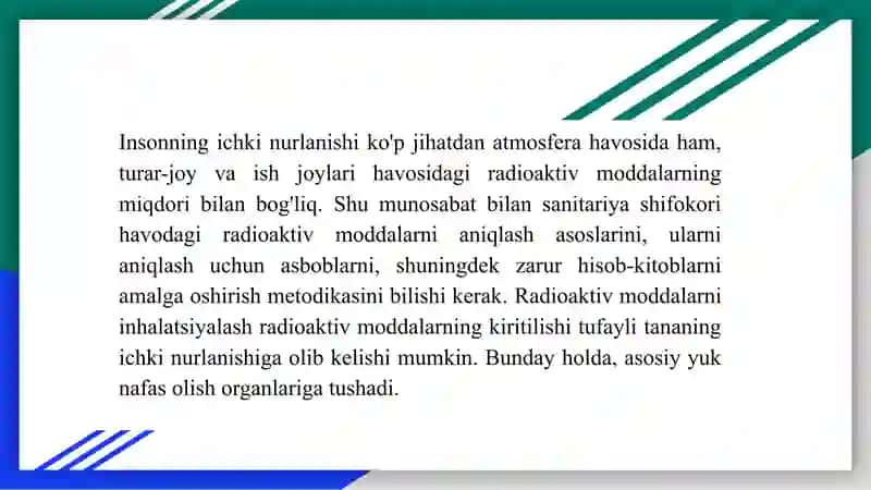 Ishchi yuzalarni radioaktiv moddalar bilan ifloslanganligini tekshirish usullari. Ishchi yuzalarni va suvni dezaktivatsiya qilish usullari. 3