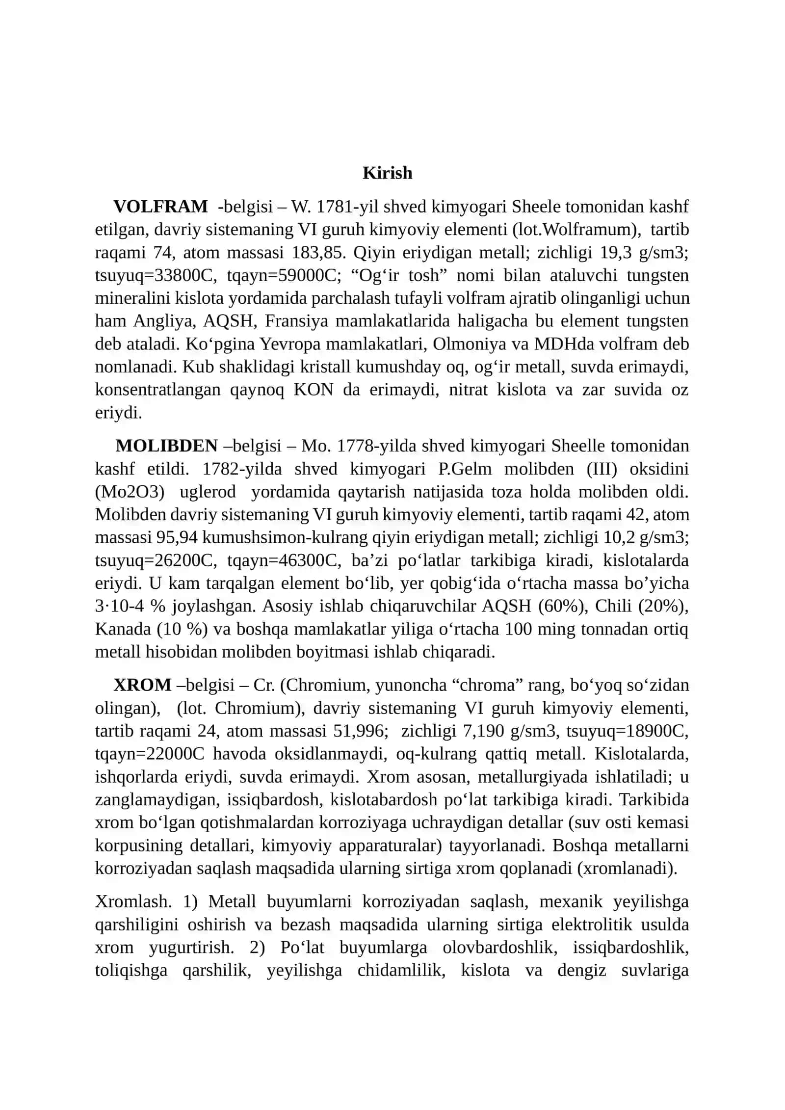 Volfram, Molibden, Xrom ishlatilishi 3