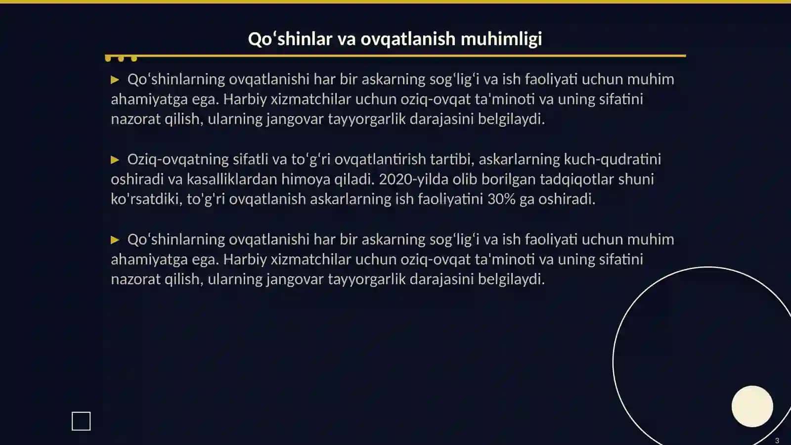 Qoʻshinlarni kazarma va dala sharoitlarida joylashtirilganda ularning ovqatlantirishining sanitariya va nazorati. Gigiyena fanidan 3