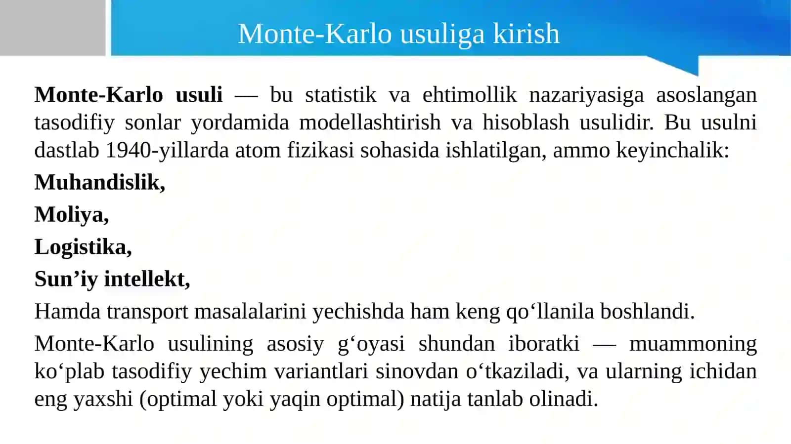 Monte-Karlo usulidan foydalanib, transport masalasini modellashtirish 3