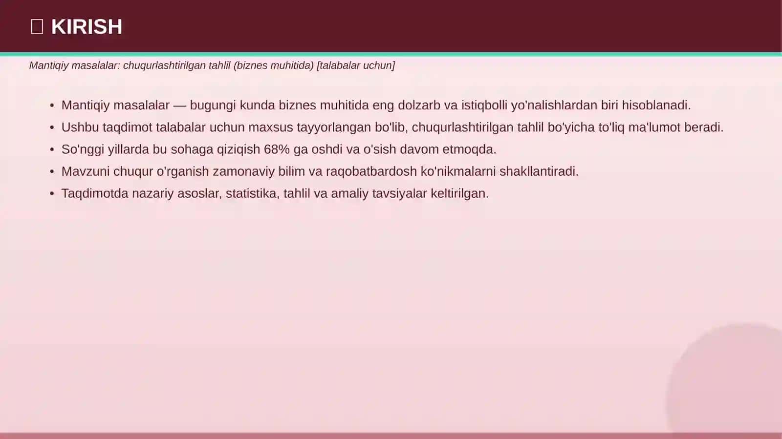 Mantiqiy masalalar: chuqurlashtirilgan tahlil (biznes muhitida) [talabalar uchun] 3