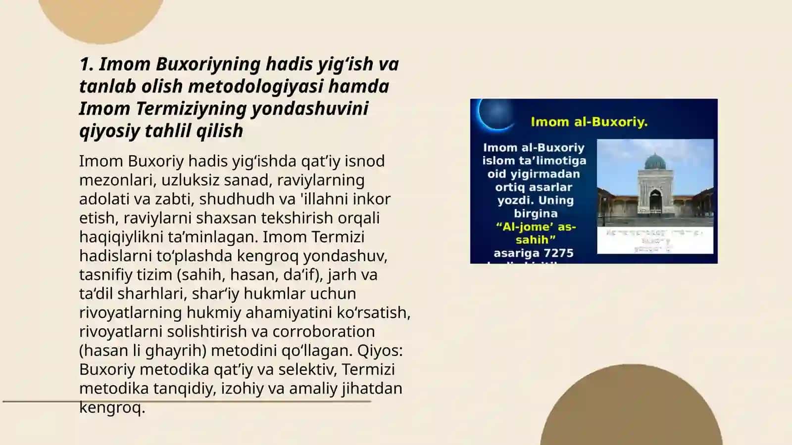 Imom Buxoriy va Imom Termiziy hadis ilmiga qoʻshgan hissalarini qiyosiy tahlili 3
