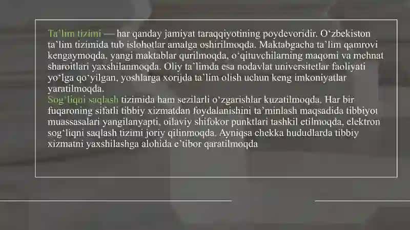 O'zbekistonda ijtimoiy sohada amalga oshirilayotgan o'zgarishlar mazmun va mohiyati. 3