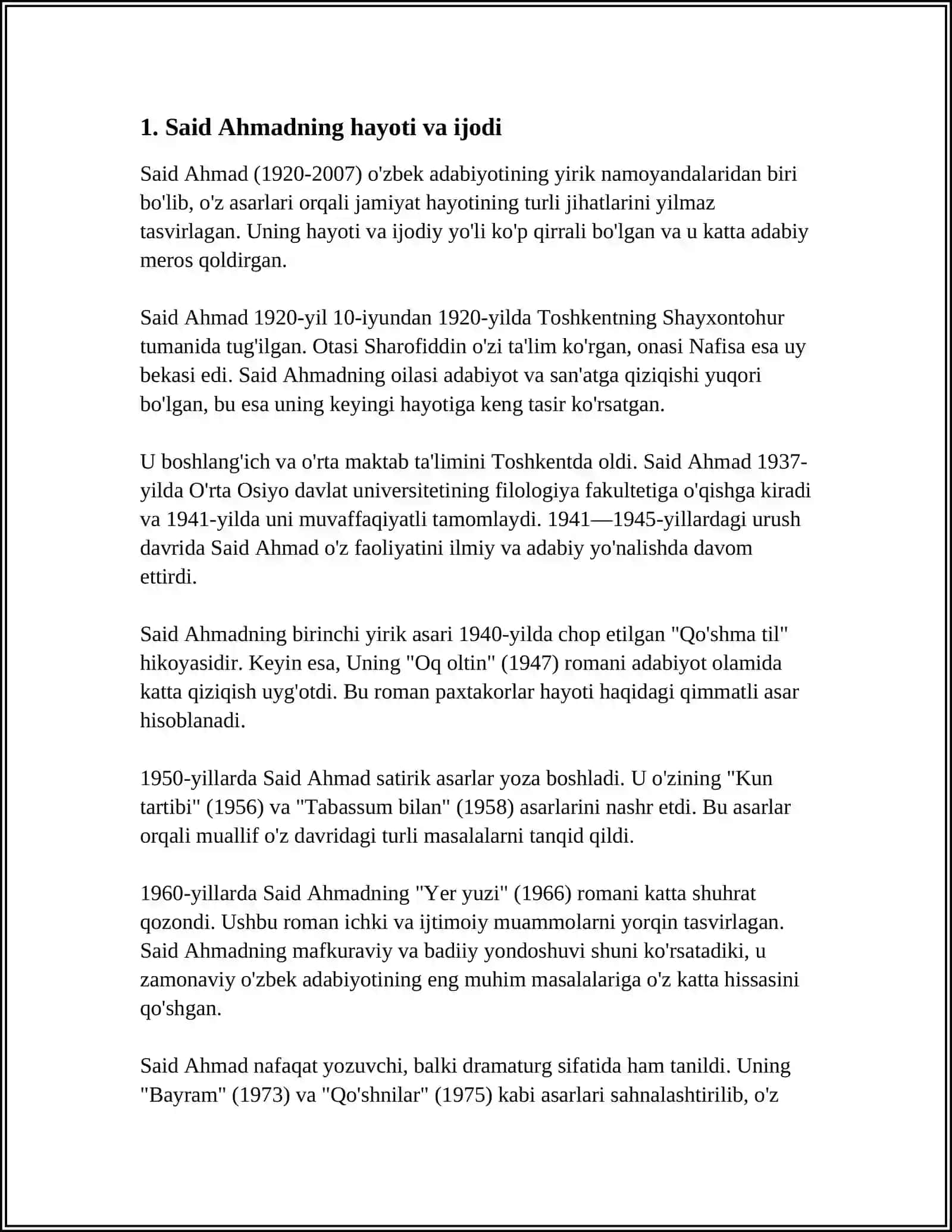 SAID AHMAD ASARLARIDA VATANPARVARLIK TAMOYILLARI. OFTOBOYIM HIKOYASI 3