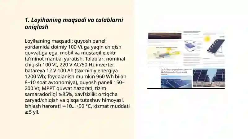 Quyosh paneli yordamida kichik quvvatli elektr taʼminot manbai yaratish 3