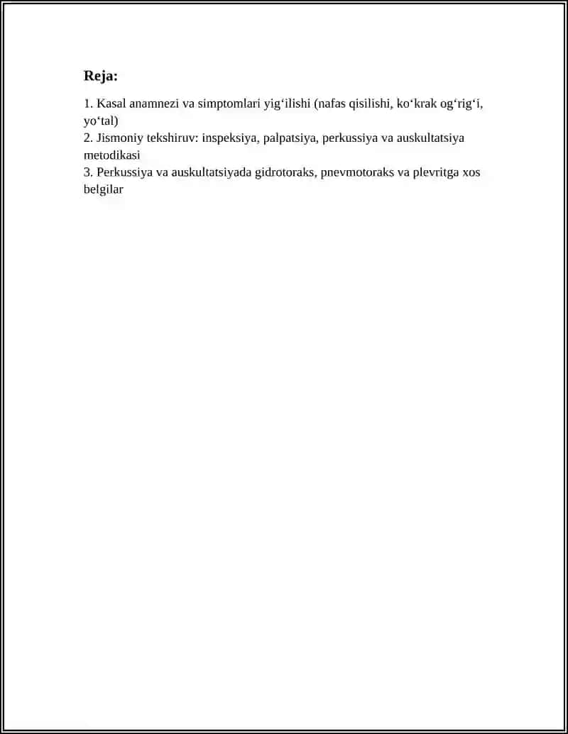 PLEVRA BO'SHLIG'IDA XAVO VA SUYUQLIK TOʻPLANISH SINDROMI. GIDROTORAKS.PNEVMOTORAKS.PLEVRIT 3