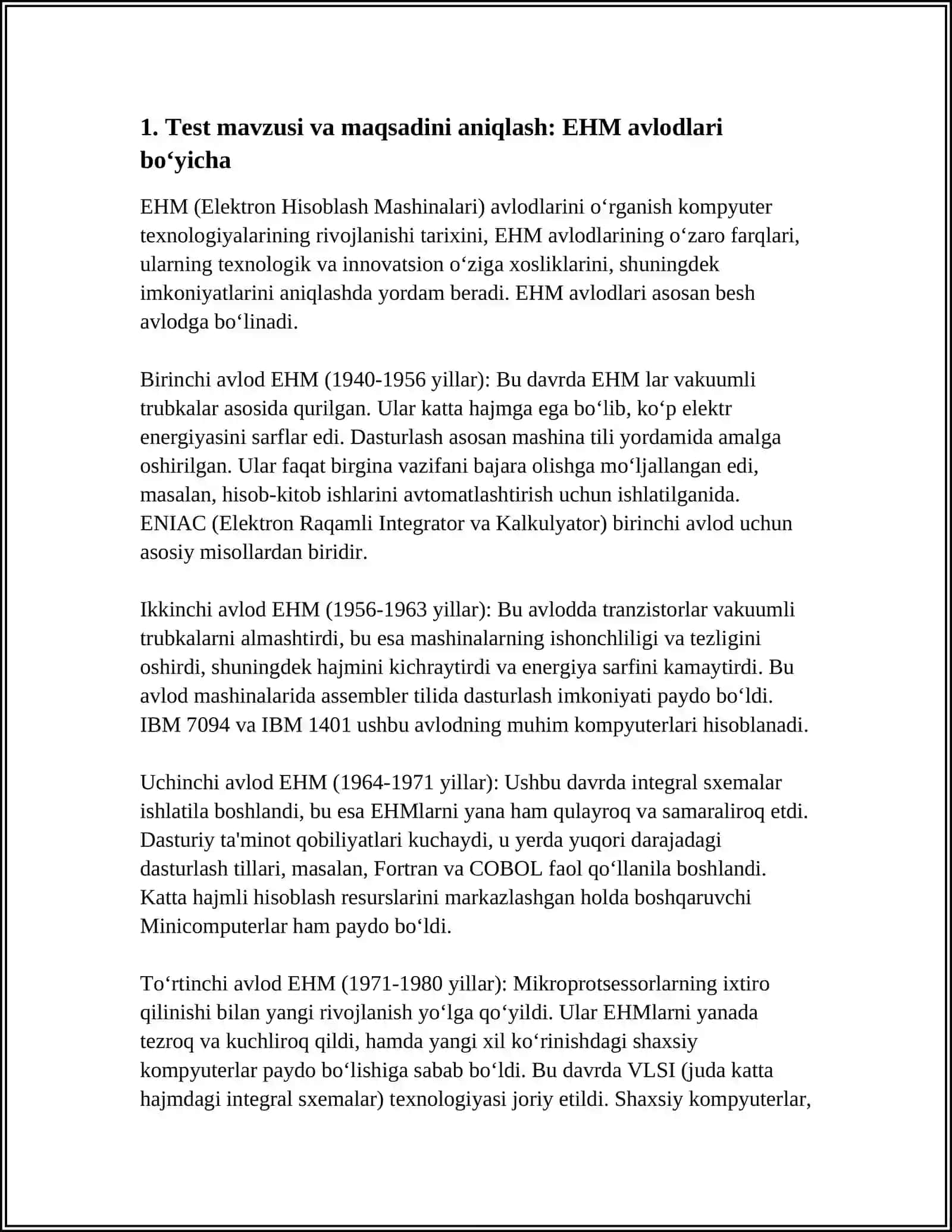 EHM AVLODLARI BO‘YICHA TEST TUZISH 3