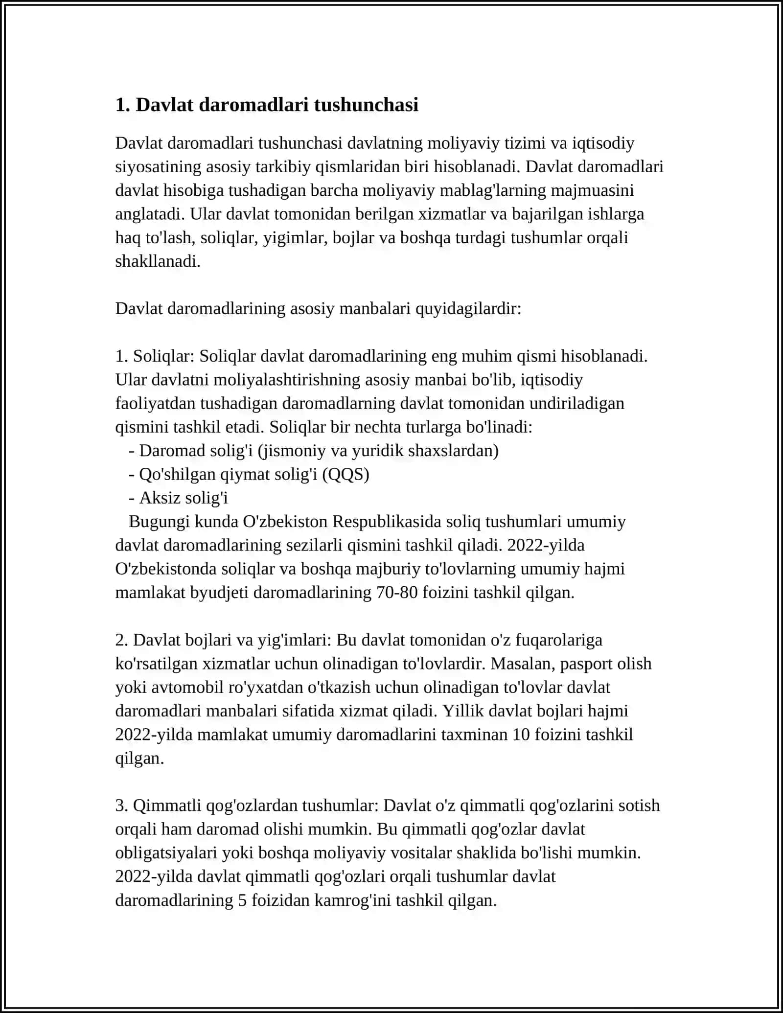 DAVLAT DAROMADLARI.TURLARI.MAʼNOSI.SOLIQ BOʻLMAGAN TOʻLOVLAR 3