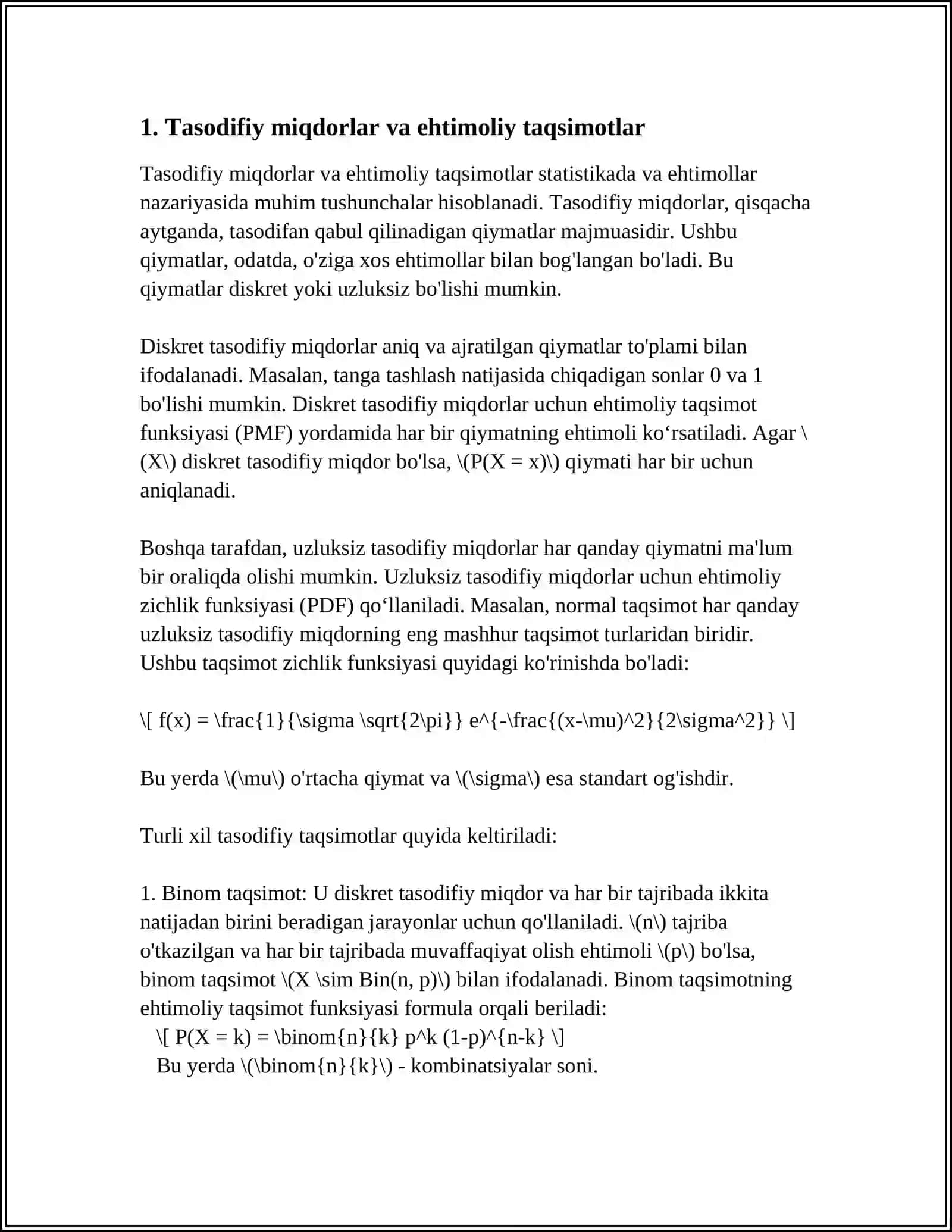 EHTIMOLLAR TAQSIMOTING ZICHLIK FUNKSIYASI. TASODIFIY MIQDORLARNING MATEMATIK MODELLARI 3