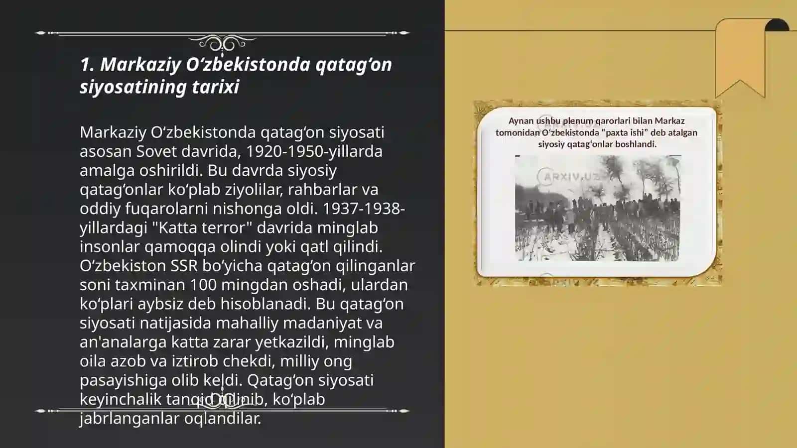Markaziy O‘zbekistonda amalga oshirilgan qatag‘on siyosati. Paxta ishi, o‘zbeklar ishi nomli kompaniyalar va Farg‘ona voqealari 3