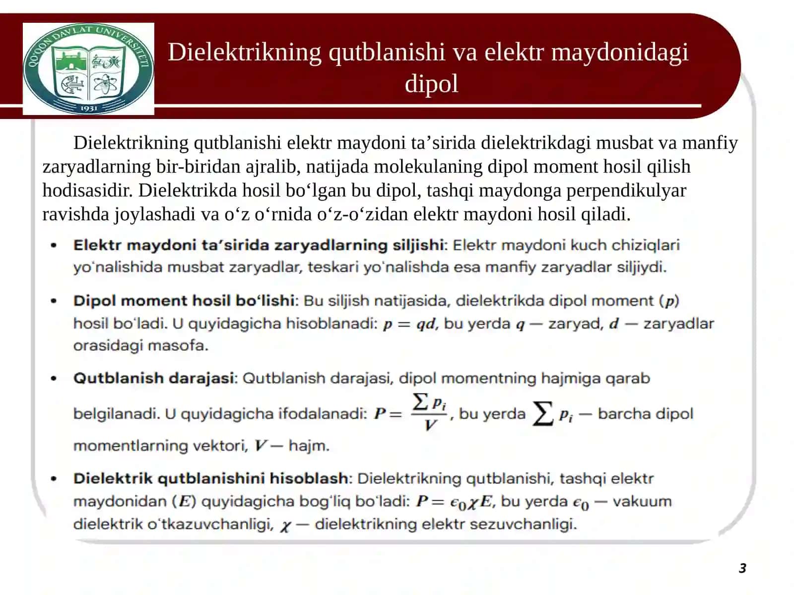 Elektrostatik maydondagi dielektriklar va o‘tkazgichlar 3
