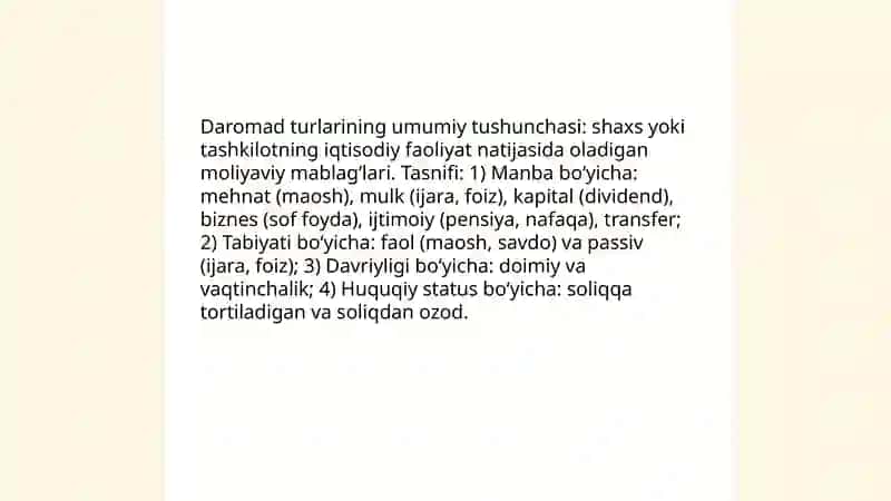 Daromad turlari tarkibi va ularning shakllantirish tartibi daromad manbalari 3