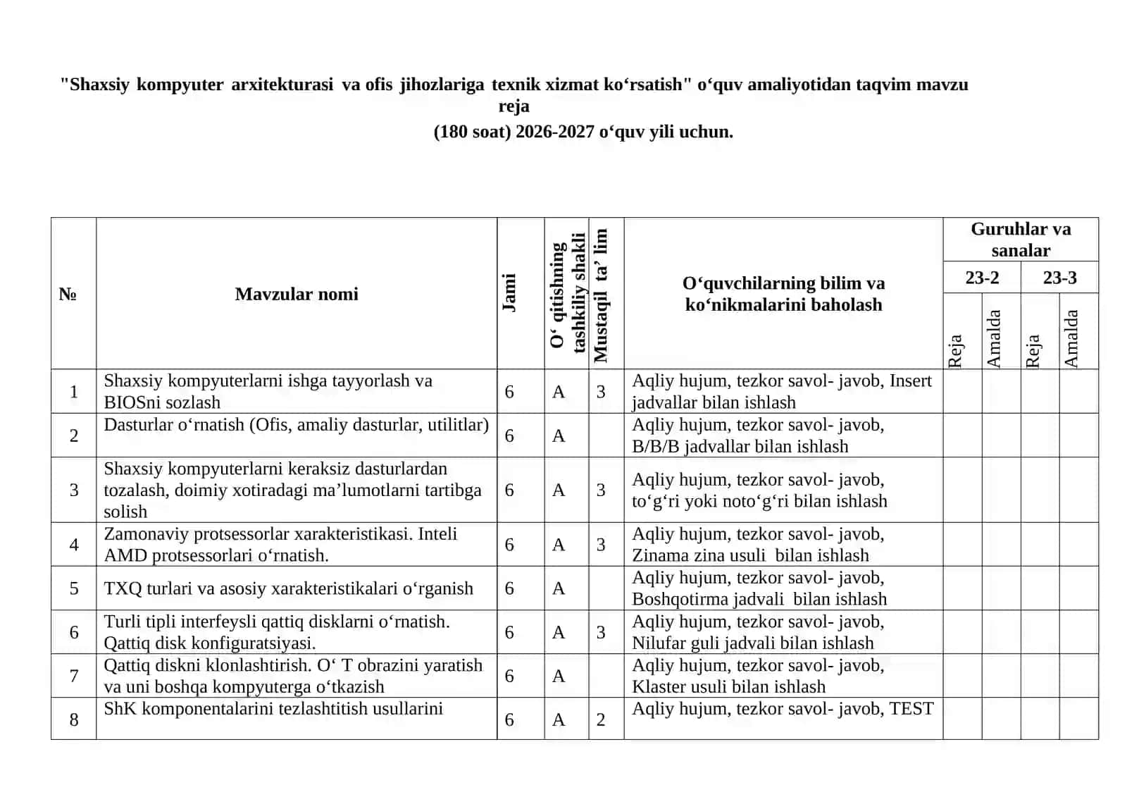 Shaxsiy kompyuter arxitekturasi va ofis jihozlariga texnik xizmat ko‘rsatish" o‘quv amaliyoti hujjatlar to'plami 3
