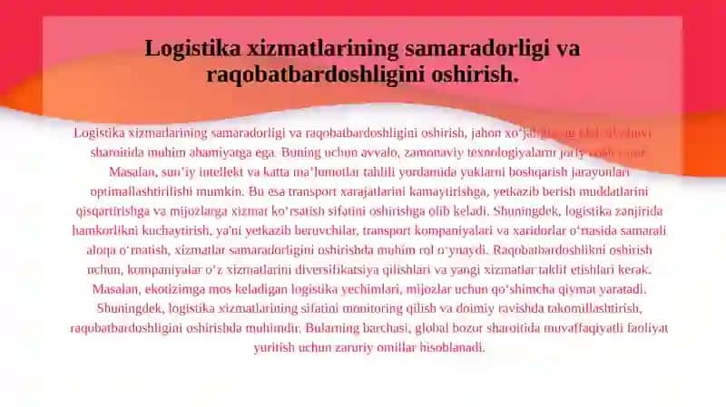 Jahon xoʻjaligining globallashuvi transportda logistik xizmatlarning oyoqqa turish omili sifatida 3