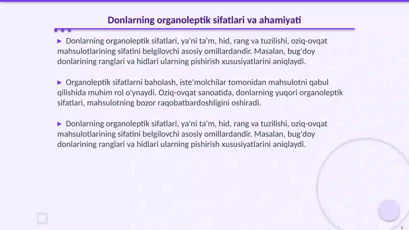 Donlarning organoleptik va fizik kimyoviy sifat koʻrsatkichlari aniqlash 3