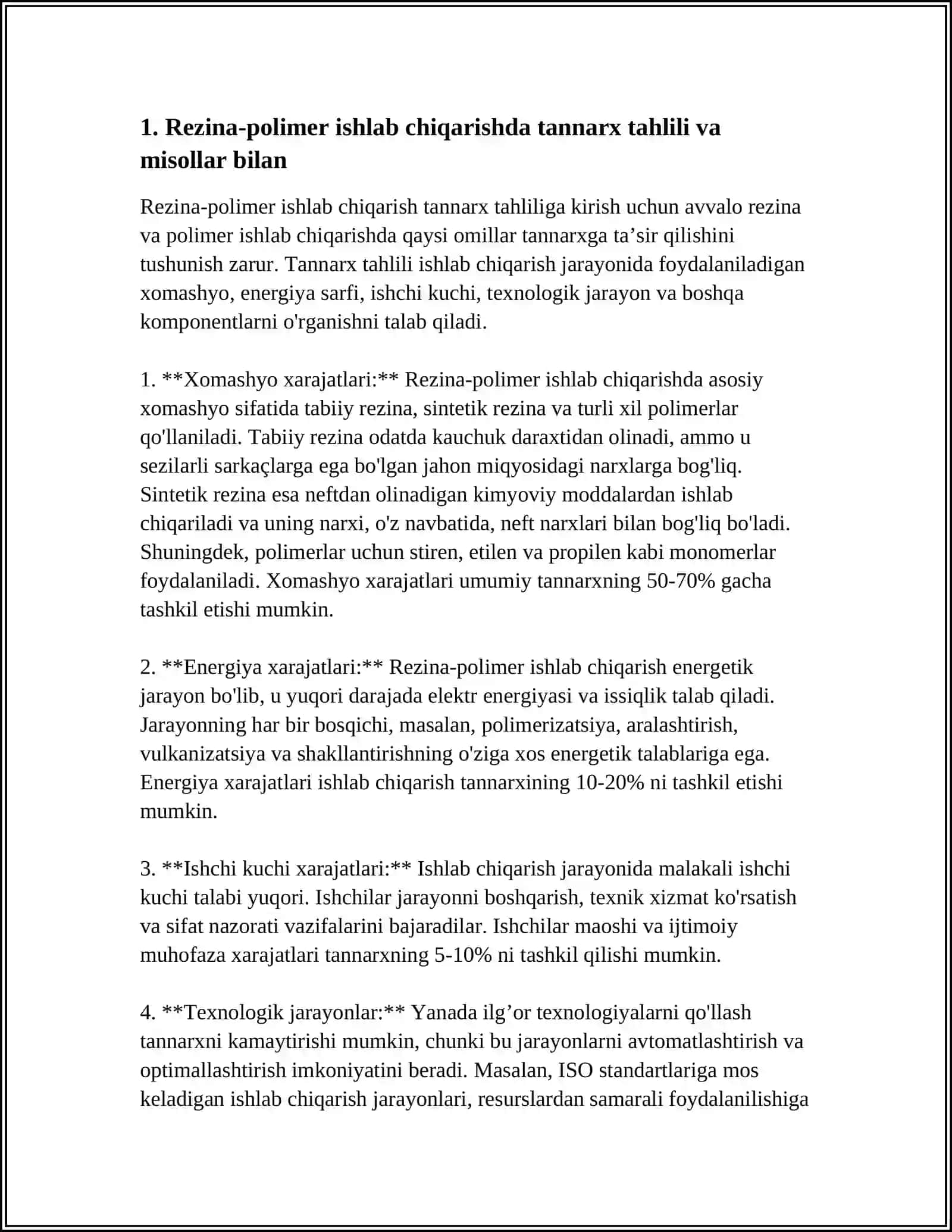 REZINA-POLIMER MATERIALLAR ISHLAB CHIQARISHNING IQTISODIY SAMARADORLIGI MISOLLAR BILAN 3