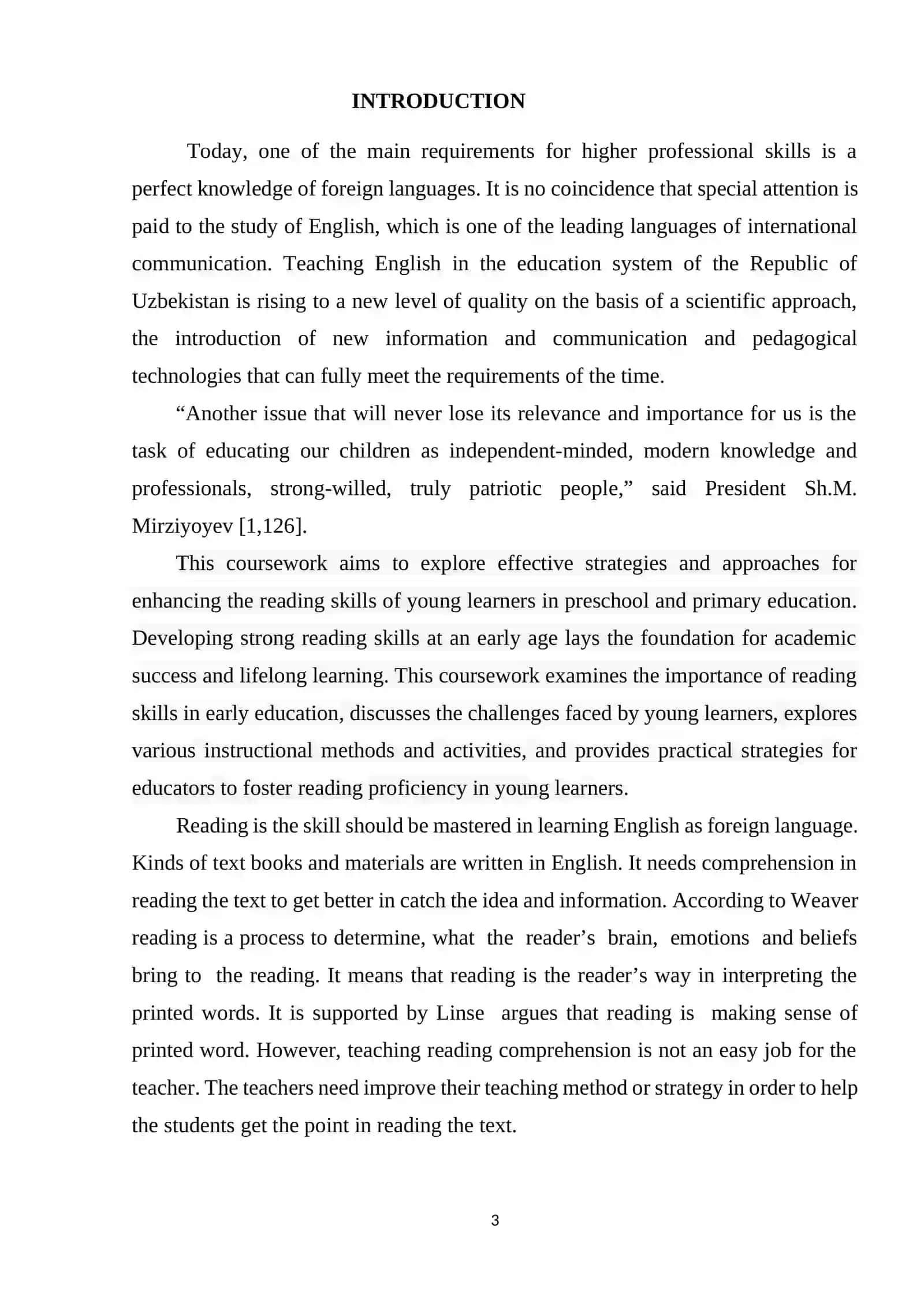 COURSE PAPER: ENHANCING THE READING SKILLS OF YOUNG LEARNERS IN PRESCHOOL AND PRIMARY EDUCATION 3