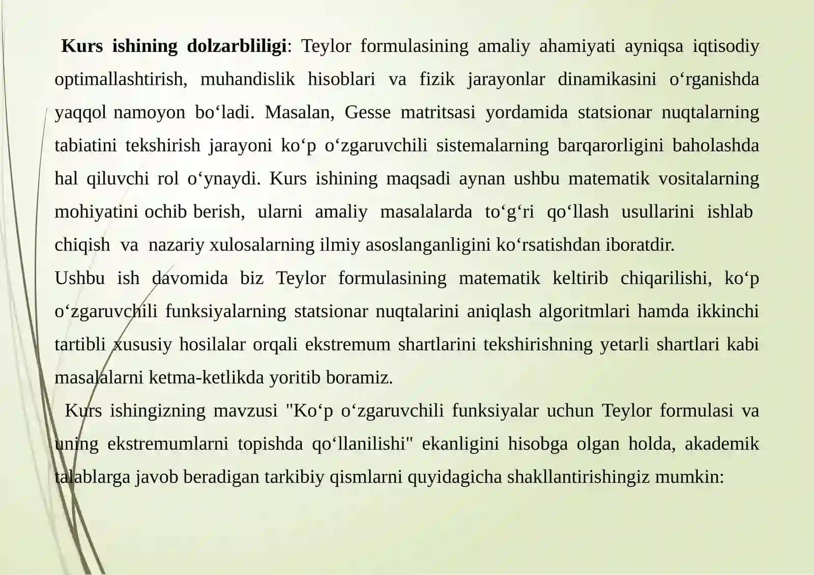 "Matematika analiz" fanidan "Koʻpoʻzgaruvchili funksiyalar uchun Teylor formulasini va ekstremumlarni aniqlash tahli̇li" 3