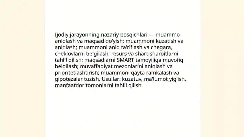 IJODIY JARAYONNING BOSQICHLARI. IJODIY JARAYONLARNI MODELLASHTIRISH. IJODIY YECHIM TOPISH USULLARINING UMUMIY TAHLILI 3