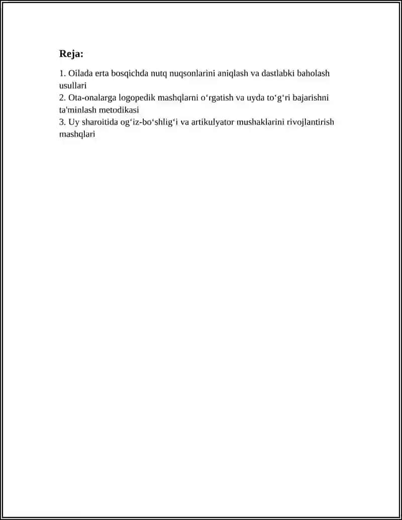 NUTQ KAMCILIGIGA EGA BOLGAN BOLALAR BN OILADA OLIB BORILADIGAN KORREKSION LOGOPEDIK IW 3
