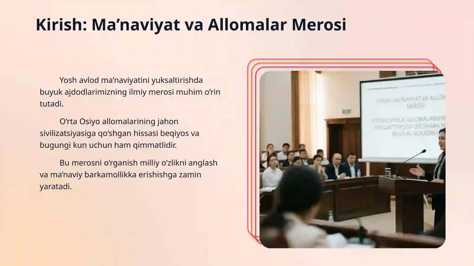 Yuksak ma’naviyatli yoshlarni tarbiyalashda O‘rta Osiyo allomalari ilmiy merosining o‘rni (allomalarning ilmiy faoliyati misolida). O‘rta Osiyolik allomalarning jahon sivilizatsiyasiga qo‘shgan hissasi: Muso al-Xorazmiy. 3