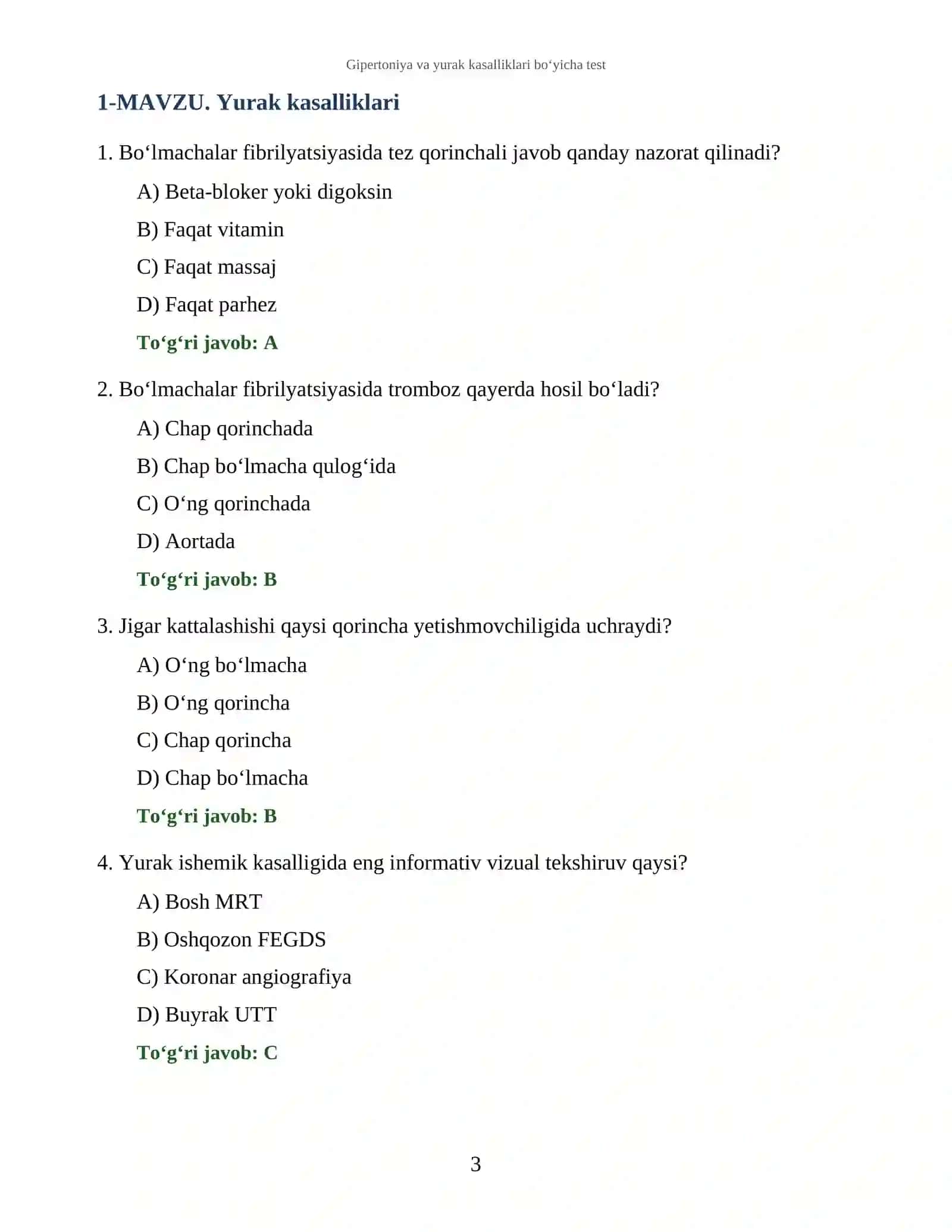 Gipertoniya va yurak kasalliklari bo‘yicha test 3
