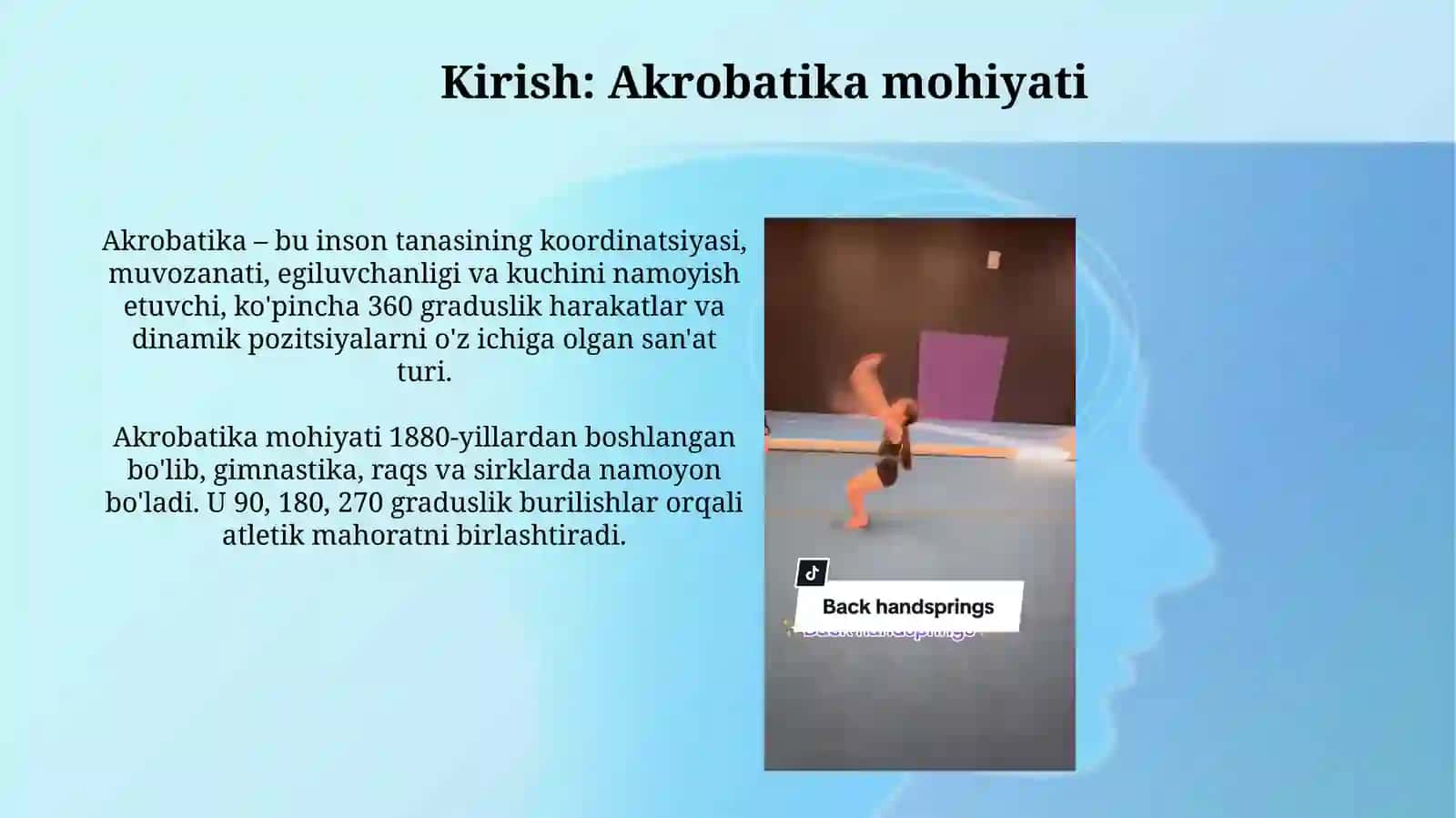 Akrobatika yugurib rondat oshib 180 burilib oldiga dumalash 3