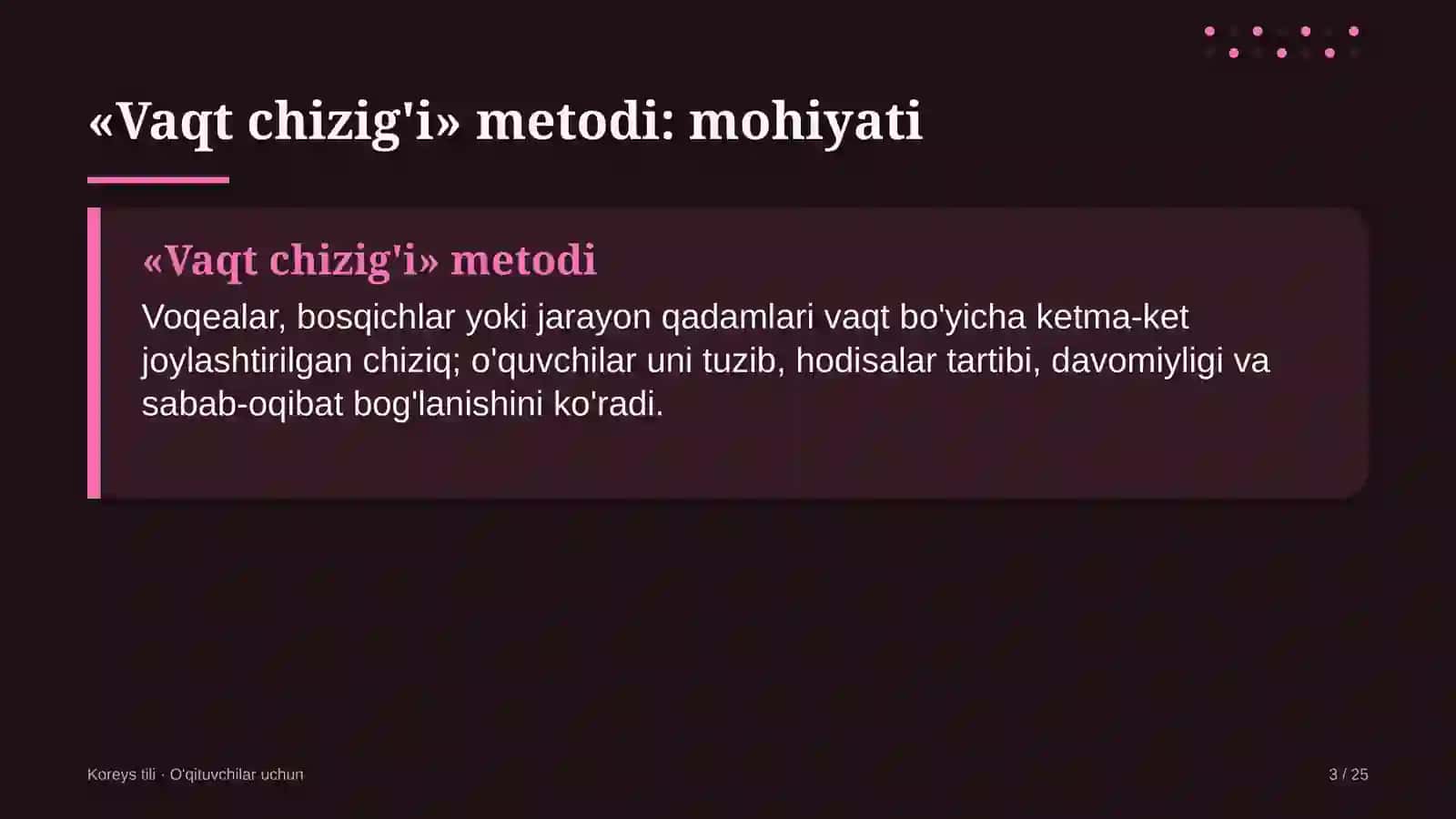 koreys tili darslarida vaqt chizig'i metodidan foydalanish 3132 3