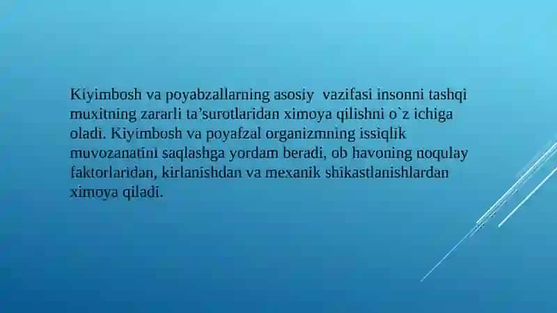 Kiyim boshlar va oyoq kiyimlari gigiyenasi. Kundalik turmushda foydalaniladigan sintetik polimer materiallardan tayyorlangan uy-ro‘zg‘or buyumlari, bog‘lov materiallari, idishlarni qo‘llash gigiyenasi 3