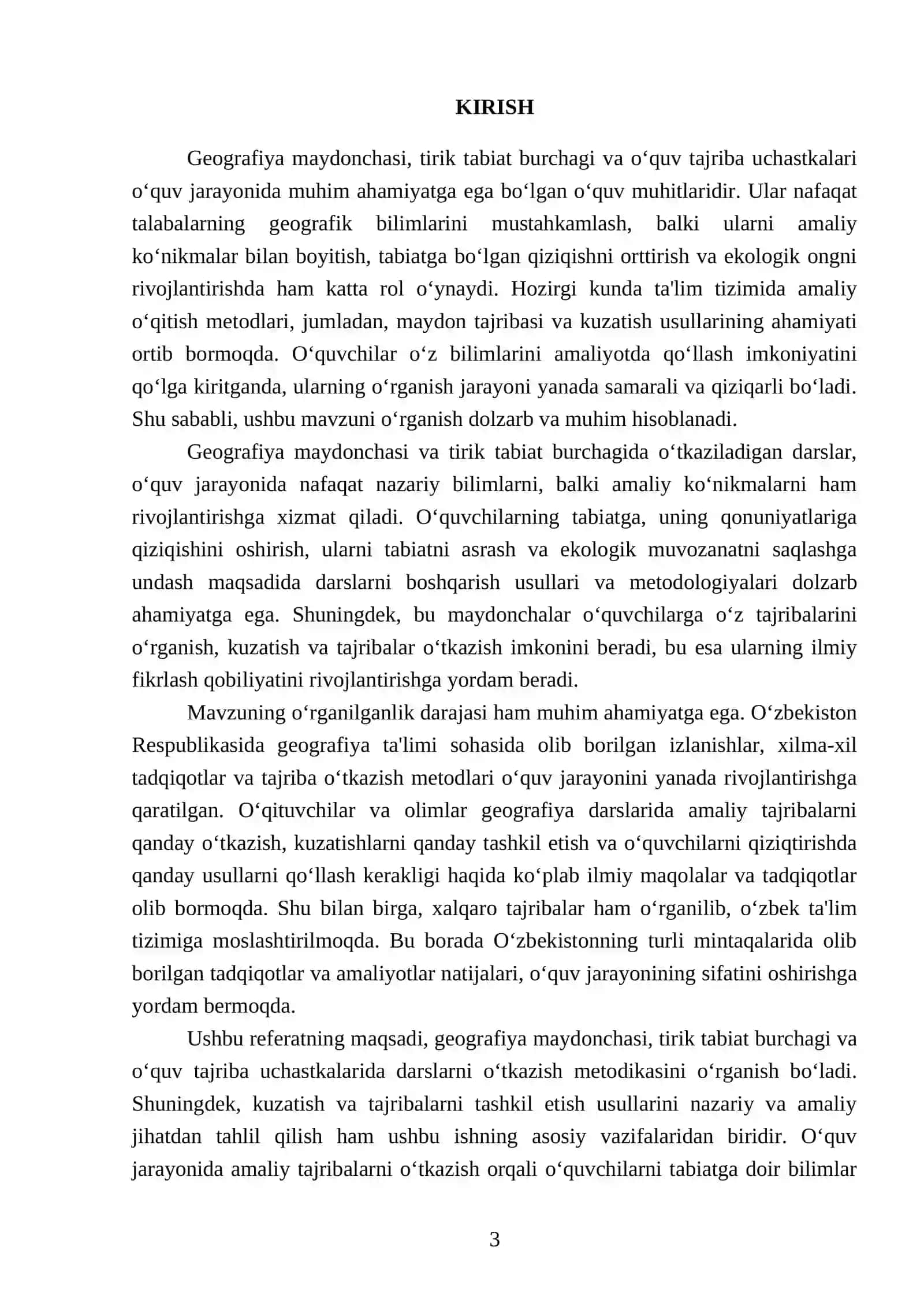 Geografiya maydonchasi, tirik tabiat burchagi, o‘quv tajriba uchastkasida darslarni o‘tkazish metodikasi 3