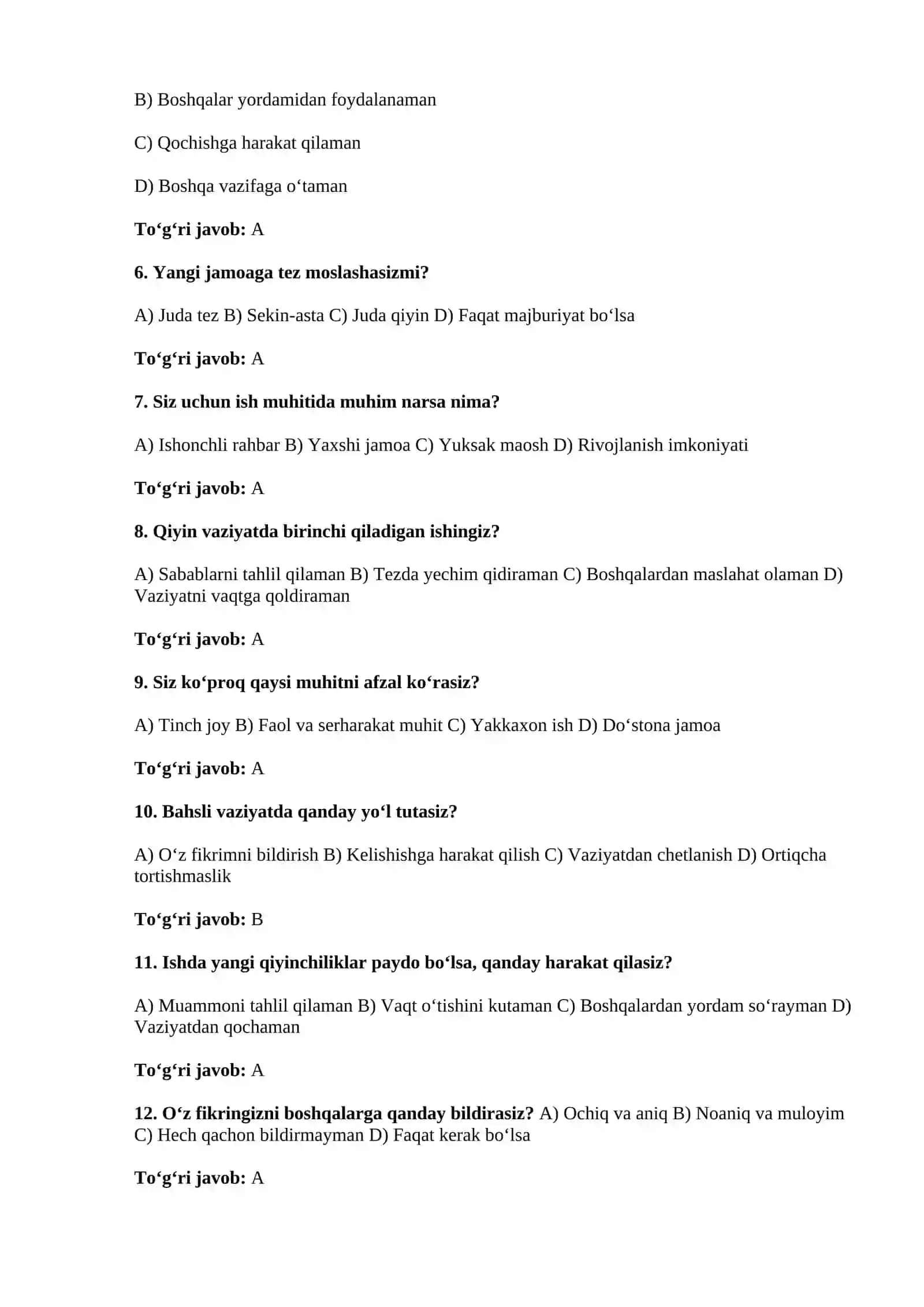 Ichki ishlar organlariga ishga kirmoqchi bo'lganlar uchun 100 TA VARIANTLI PSIXOLOGIK TEST SAVOLLARI 3-qism 3