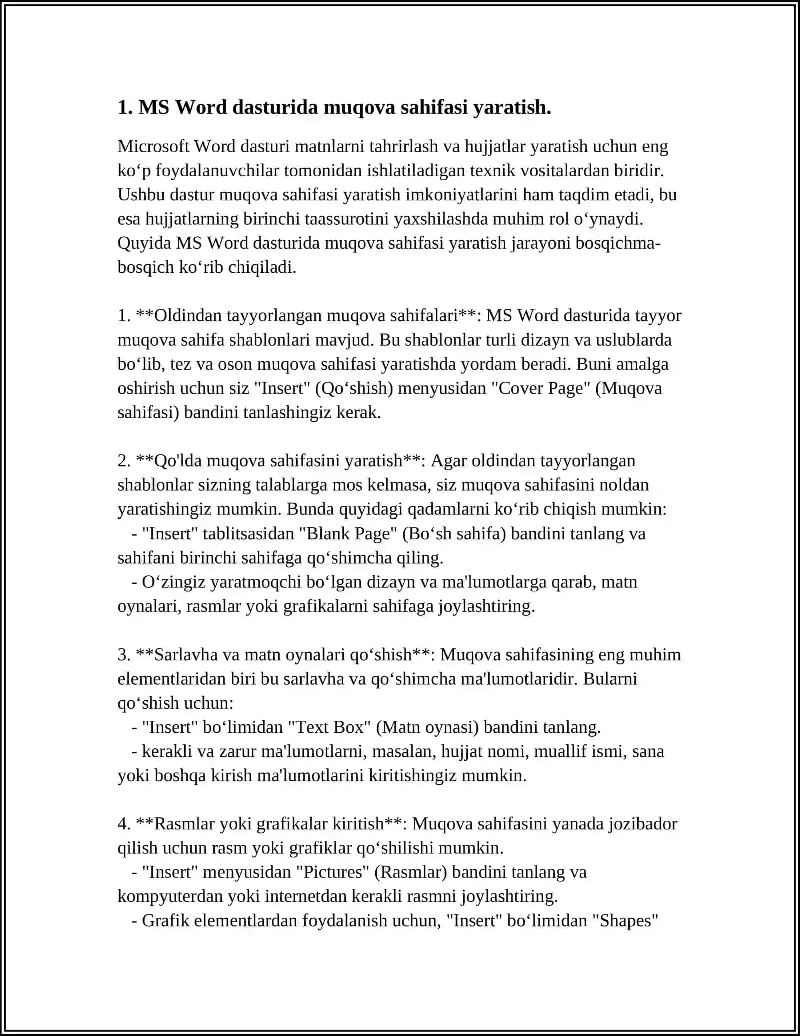 MS WORDDA KITOB VA BROSHURALAR UCHUN MUQOVA YARATISH. TITUL VARAQALARNI TAYYORLASH 3