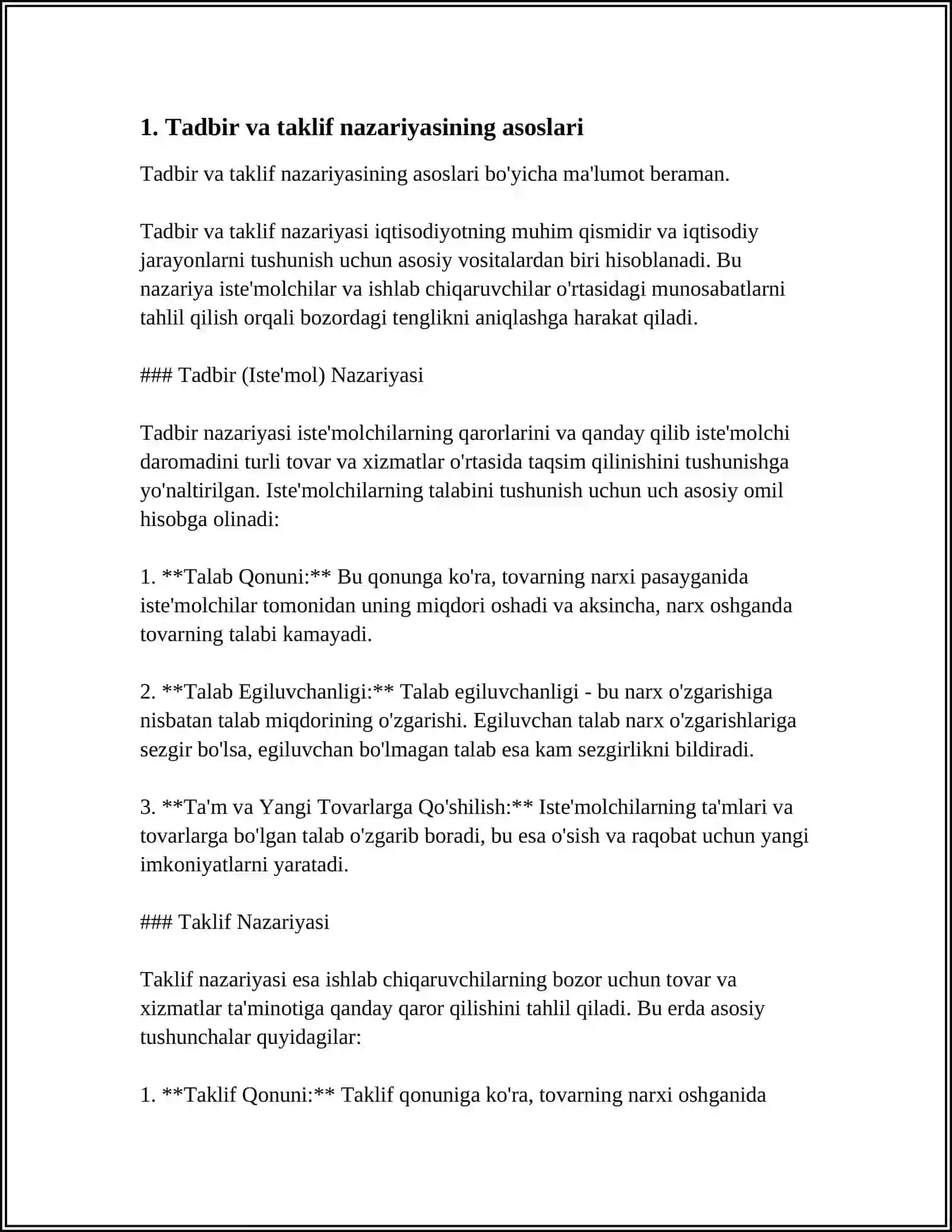 TALAB VA TAKLIF NAZARIYASI VA TADBIRKORLIK FAOLIYATI VA RAQOBAT MUSTAQIL ISH 3