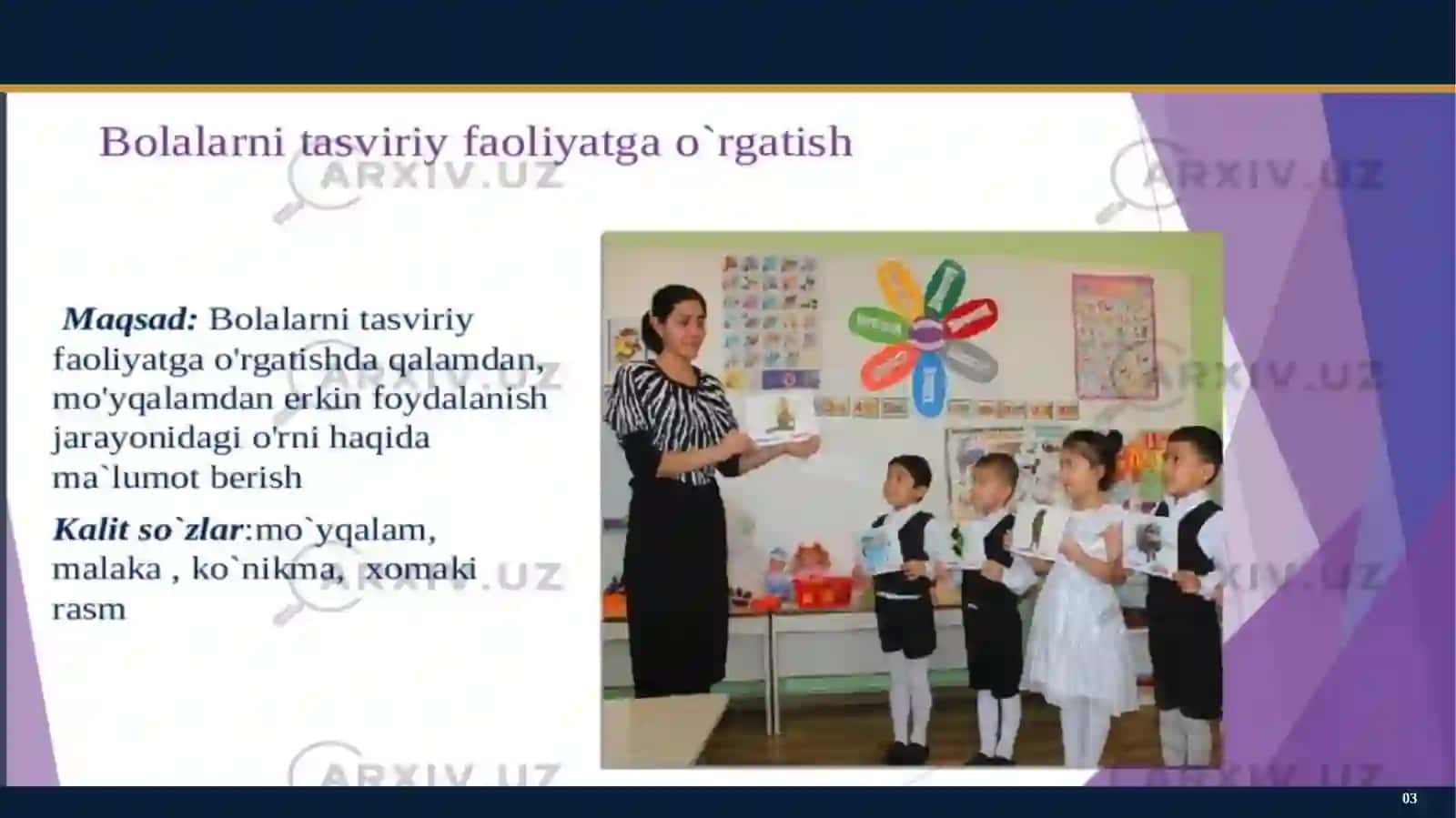 Tarbiyachining bolalarni tasviriy faoliyatga o’rgatish jarayonidagi o’rni.Maktabgacha yoshdagi bolalarni xar tomonlama rivojlanoshda tasviriy faoliyat turlari va uning ahamiyati 3