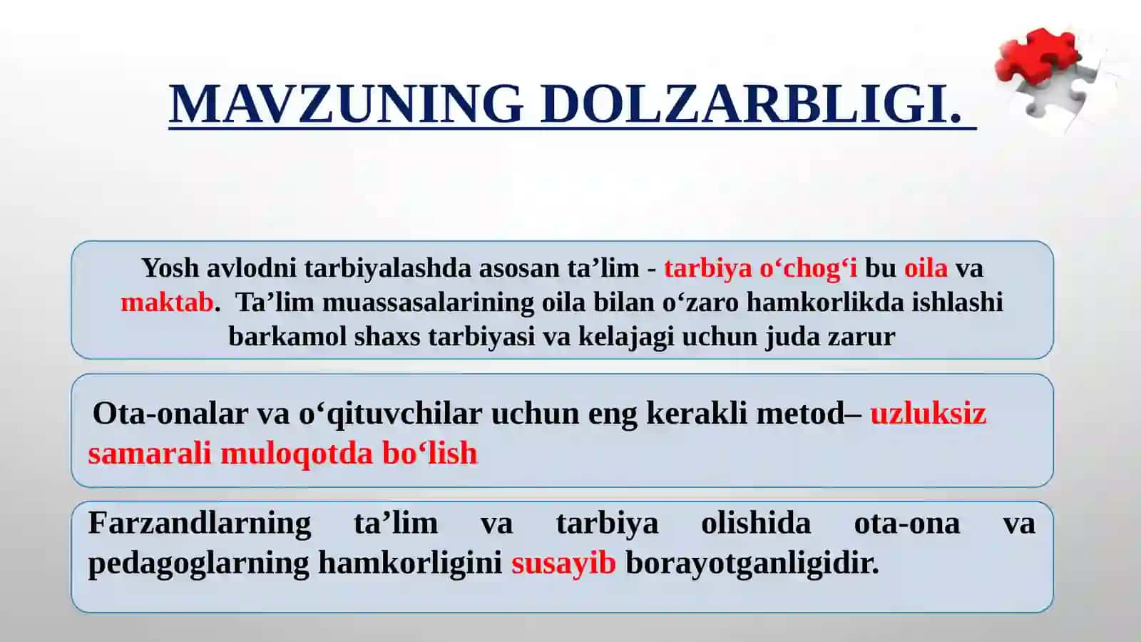 MAKTABDA OTA-ONA VA PEDAGOGLAR O‘RTASIDAGI O‘ZARO HAMKORLIK MUNOSABATLARINI RIVOJLANTIRISH 3