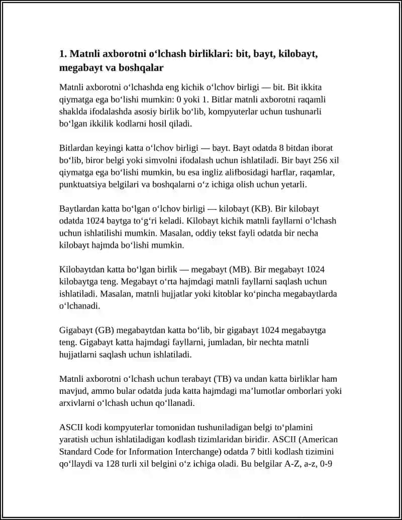 MATNLI AXBOROTNI OʻLCHASH USULLARI VA BIRLIKLARI.SIMVONLARNI ASCII VA UNICODE YORDAMIDA QOʻDLASH 3