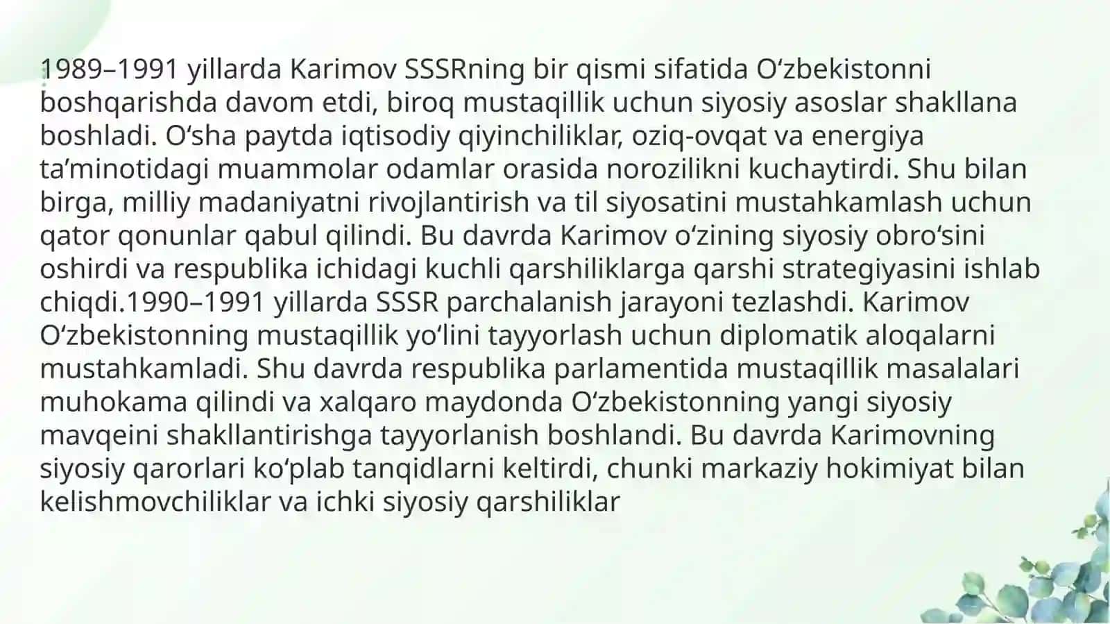 O‘zbekiston tarixi: Mustaqillikdan oldingi va keyingi siyosiy va iqtisodiy rivojlanish 3