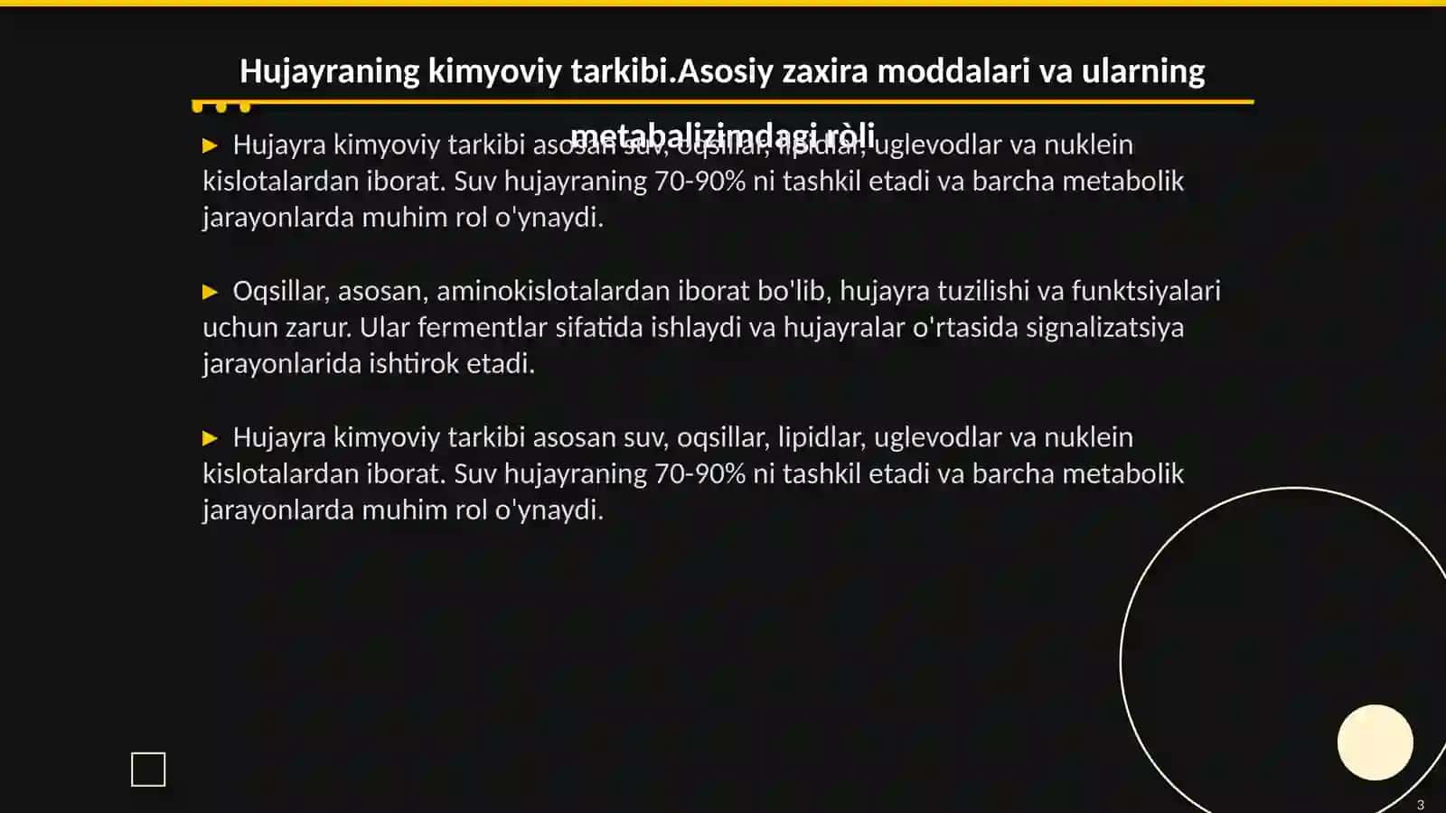Hujayraning kimyoviy tarkibi.Asosiy zaxira moddalari va ularning metabalizimdagi ròli 3